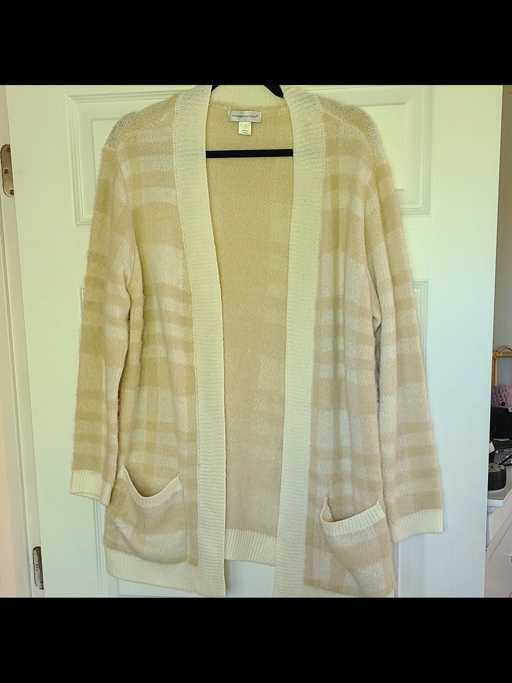 Christopher & Banks Sz L Cream and Beige Open-Front Striped Cardigan, Light/Cozy